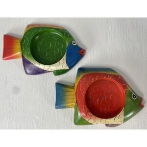 wooden Tropical Angel fish trinket dish tea light holder hand painted Set Of 2